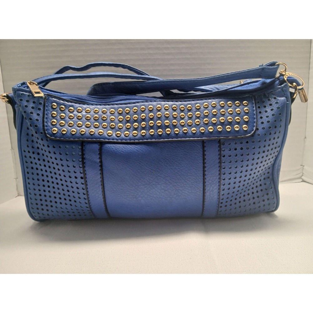 Yoki Blue Faux Leather Handbag Studded Perforated Crossbody Shoulder Bag